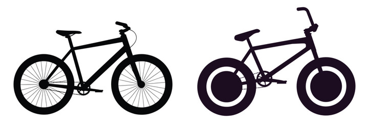 Obraz premium Bicycle icons design in black silhouette, line style bicycle icon set, bike vector symbols, modern bicycle icons, bicycle parking signs, cycling area indicators, clean vector design for apps, maps, an