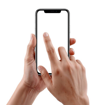 Two hands holding smartphone, finger swiping, isolated on transparent background