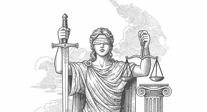 Classic Engraving of Blindfolded Lady Justice with Scales and Sword in Bright Studio