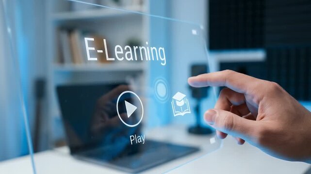 Hand touching E-Learning interface with play button on digital screen in modern office