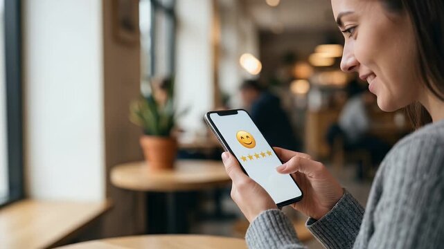 Woman holding smartphone displaying emoji rating feedback in modern office