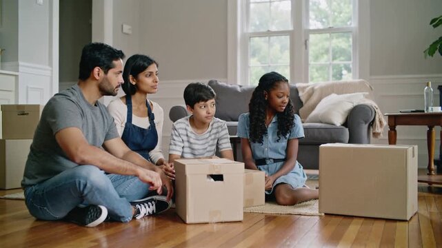 Opening parents after moving wearing grey tee and apron lifting box at home, checking larger box