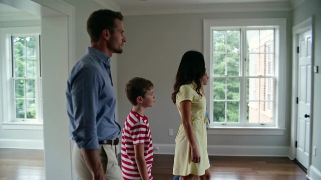 Entering family of four walking through room, mom wearing yellow dress, scanning windows and floors