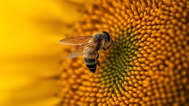 involucre. Close-up of honeybee wings hovering in a sunflower, morning light, soft background. wildlife magazines, conservation campaigns, designed for eco-tourism storytelling.