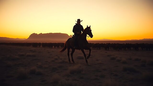 unanimity. A lone rider herds cattle across a vast desert ranch at dusk. wildlife magazines, conservation campaigns, designed for nature documentaries and education, celebrates biodiversity.
