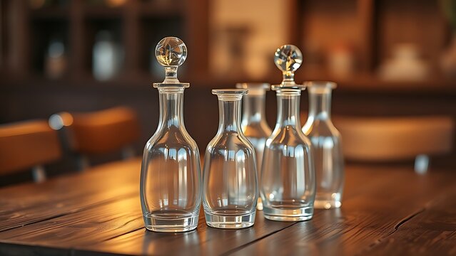 cruets. Elegant glass cruets on a rustic wooden table with warm reflections. menu design, packaging mockups, designed for food delivery and cloud-kitchen brand materials, used by lab technicians.