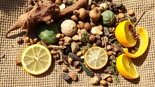 correlating. Assorted botanicals scattered on rough burlap fabric in sunlight. gardening catalogs, home-decor guides, designed for home decor and floral branding, promotes healthy living.