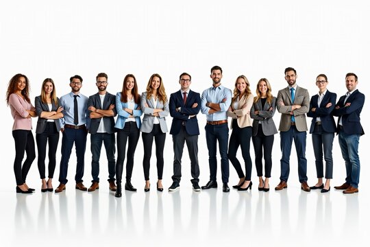 A varied group of casually dressed professionals standing in a row against a white background.
