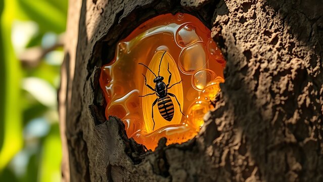 copal. Golden amber copal resin trapped in tree bark containing a preserved insect. gardening catalogs, home-decor guides, designed for home decor and floral branding, used by nutritionists.
