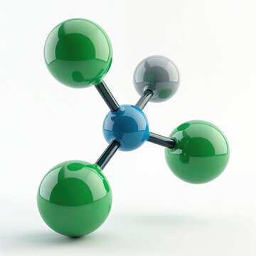 Three-dimensional molecular structure of chloroform compound. Central blue atom bonded to three green chlorine atoms and one grey atom. Scientific illustration with clean background.