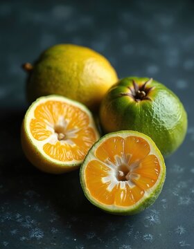 Ugli fruit on dark textured surface. One fruit is cut revealing juicy orange pulp and segments. Another whole yellow ugli fruit and one green ugli fruit sit behind.