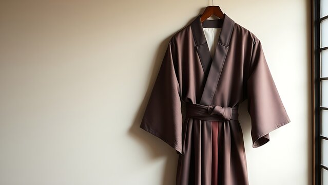 kataginu. A formal Japanese kamishimo garment hanging on a hanger. event programs, museum guides, designed for cultural heritage projects and event programs.