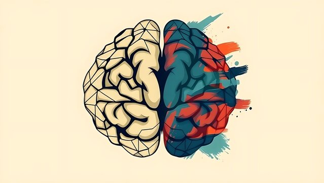 hemispheres. An abstract illustration of human brain hemispheres, blending geometric logic with fluid creative brushstrokes. STEM education sheets.