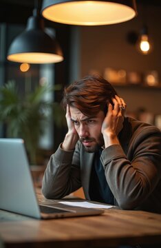 Man looks stressed at laptop screen, holding head in hands. He is in business casual attire, sitting at a wooden table with a document. Background shows warm lighting and decor.