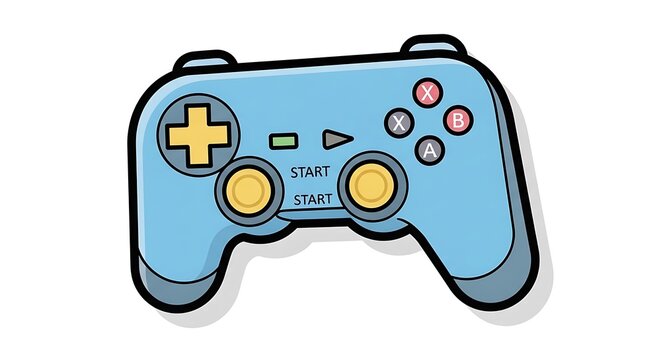 A cartoon-style illustration of a light blue video game controller with buttons in a colorful design. It has a d-pad, face buttons, start buttons