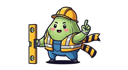 Obraz premium A cartoon fruit character, wearing construction gear, holds a level with a raised finger, against a white background