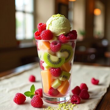 Refreshing Fruit Parfait with Raspberries, Kiwi, and Melon Topped with Sorbet
