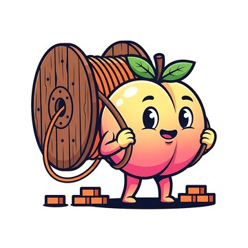 A cartoon peach character is lifting a spool of cable and carrying it forward with a happy face. Bricks are near