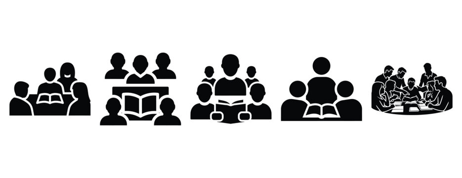 community study group silhouette icon set