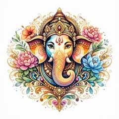 Fototapeta premium Lord Ganesha Face Framed by Lotus Flowers Representing Spiritual Growth and Beauty