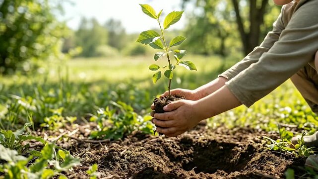 A child gently plants a small tree in rich soil, with a soft camera pan revealing vibrant greenery and sunlight filtering through leaves, creating a serene, eco-friendly scene.
