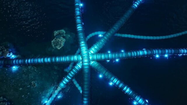 Brightening hub sending bead-like lights outward along radial arms over dark water, showing islets