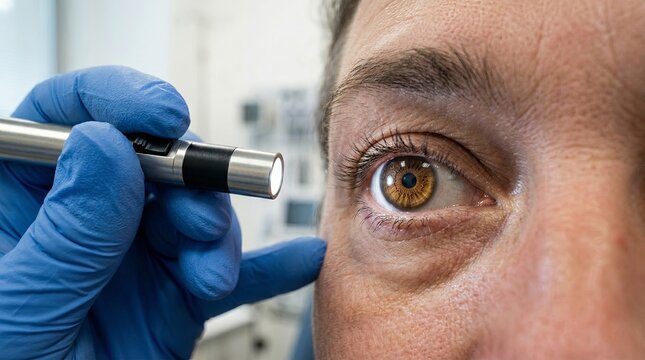  gloved hand using penlight during eye examination pupil response visible clinical scene