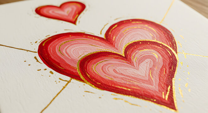 Artistic close-up of layered red hearts with gold accents painted on a white canvas, conveying love and affection