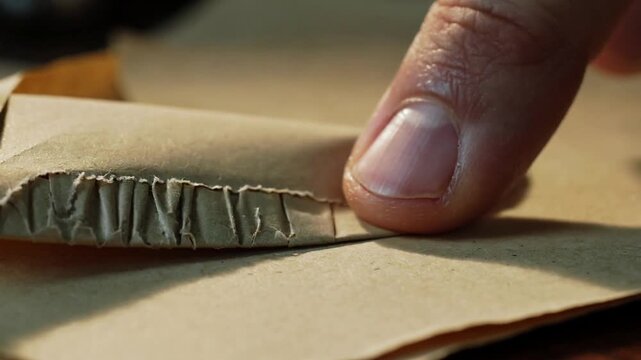 Peeling right fingertip lifting torn corner on bench, exposing brown paper and inspecting cardboard