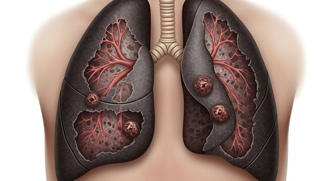 Illustration of diseased human lungs with visible damage and tumors.