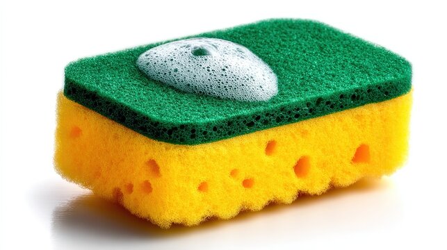 Cleaning product photography, a green and yellow multi-layer sponge with various textures on the surface for kitchen or bathroom cleaning. 