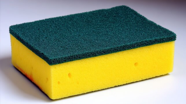 Household daily product photography, a green and yellow multi-layer sponge with unique surface textures designed to enhance the cleaning experience. 