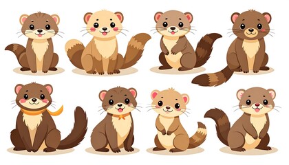 Fototapeta premium Eight adorable cartoon animals, digitally drawn with big eyes and fluffy tails, seated