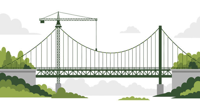 Vector illustration of suspension bridge with construction crane and greenery