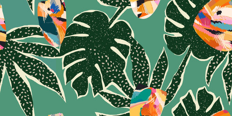 Obraz na płótnie Canvas Abstract exotic botanical pattern. Dynamic bright tropical print. Hand drawn unique template for design. 