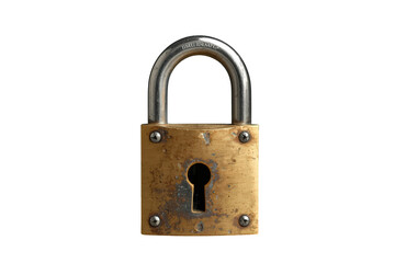 Naklejka premium Vintage brass padlock with metal shackle and keyhole detail, symbolizing safety and access restriction, ready for overlay