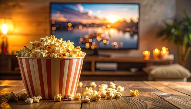 Cozy night in popcorn bucket sits on a wood table, a city scene blurs on the television in the background