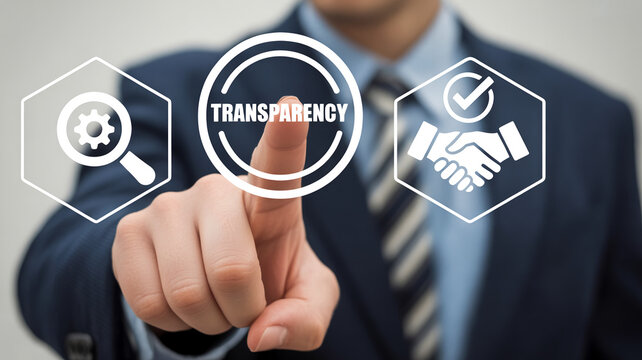 A professional businessmans hand interacts with a virtual interface highlighting transparency analysis and agreement in a clear business concept