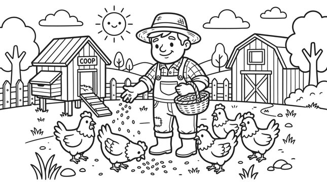 Man feeding chickens on a farm.