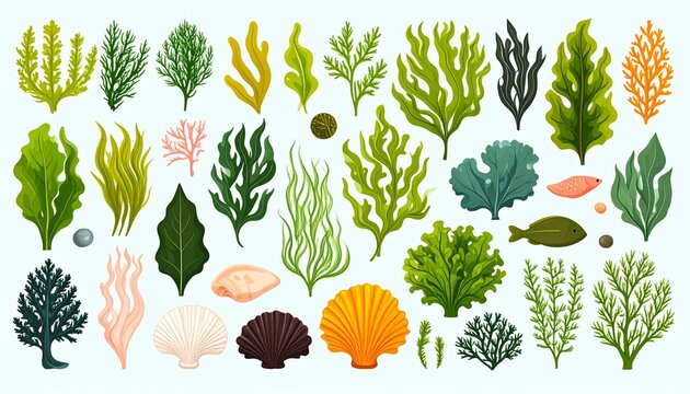 Diverse collection of flat vector seaweed and marine algae species isolated on white background