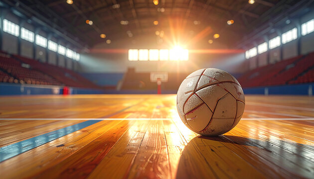 Basketball on wooden court under sunlight