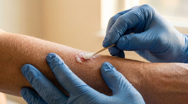 gloved hands applying ointment to small wound with cotton swab warm clinical care scene