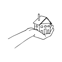 Hand holding small house in minimalist doodle line drawing style. Concept of real estate, home insurance, or property ownership © Kamila Bay
