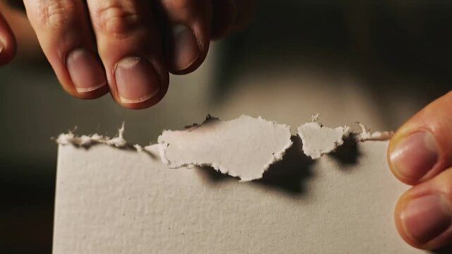 Spotting loose tear, bare hands pulling and tearing paper at tabletop to remove fragment
