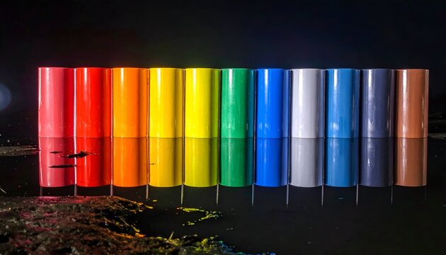 Cylindrical forms arranged in a spectrum of color sit against a black background, reflecting on a wet surface with added highlights