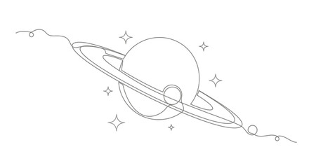 Minimalist Saturn planet with rings and stars, single line drawing, cosmic art © Azizi