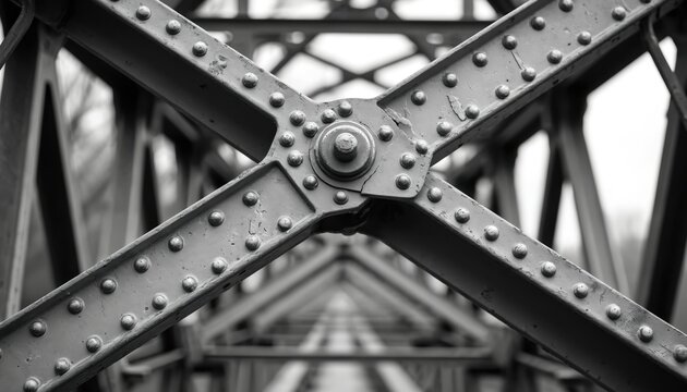 Monochrome closeup of riveted steel bridge beams form geometric pattern. Metal truss structure offers strong industrial background. Details of rivets and girders create abstract design.