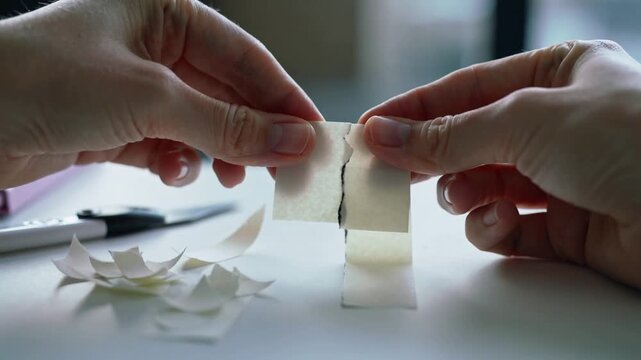Peeling scraps leading hands with lavender cuff joining torn strips on table by window testing seam
