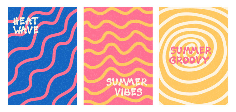 Abstract Summer Wavy Line Pattern Poster Background Set.