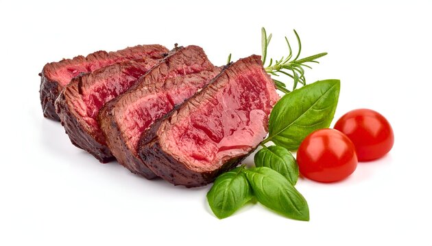 Sliced, juicy, cooked red meat on a white surface, garnished with fresh tomatoes, basil, and rosemary